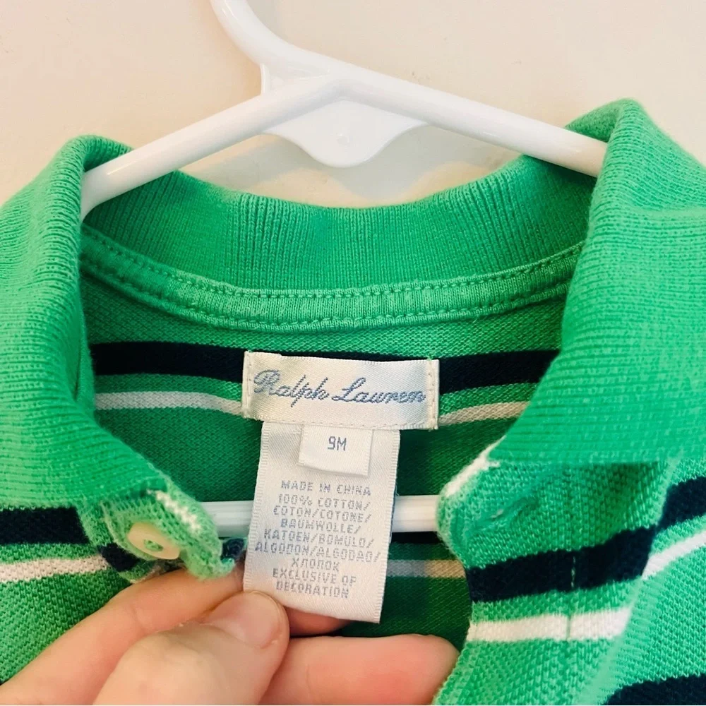 Ralph Lauren Striped Green and White one-piece collared Footie outfit